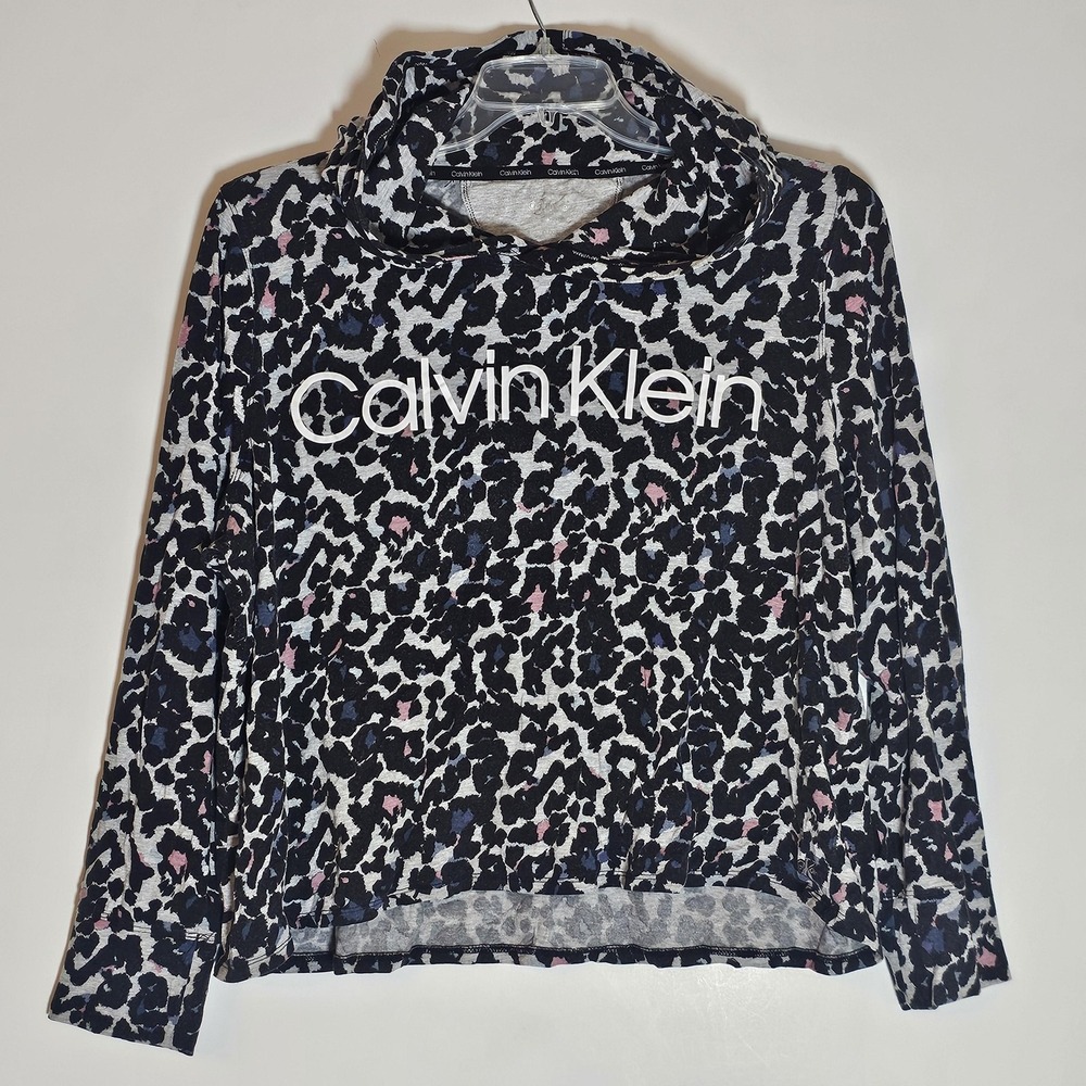 Calvin Klein Pullover Womens Medium Cowl Neck Leopard Print Black Pink Gray Logo